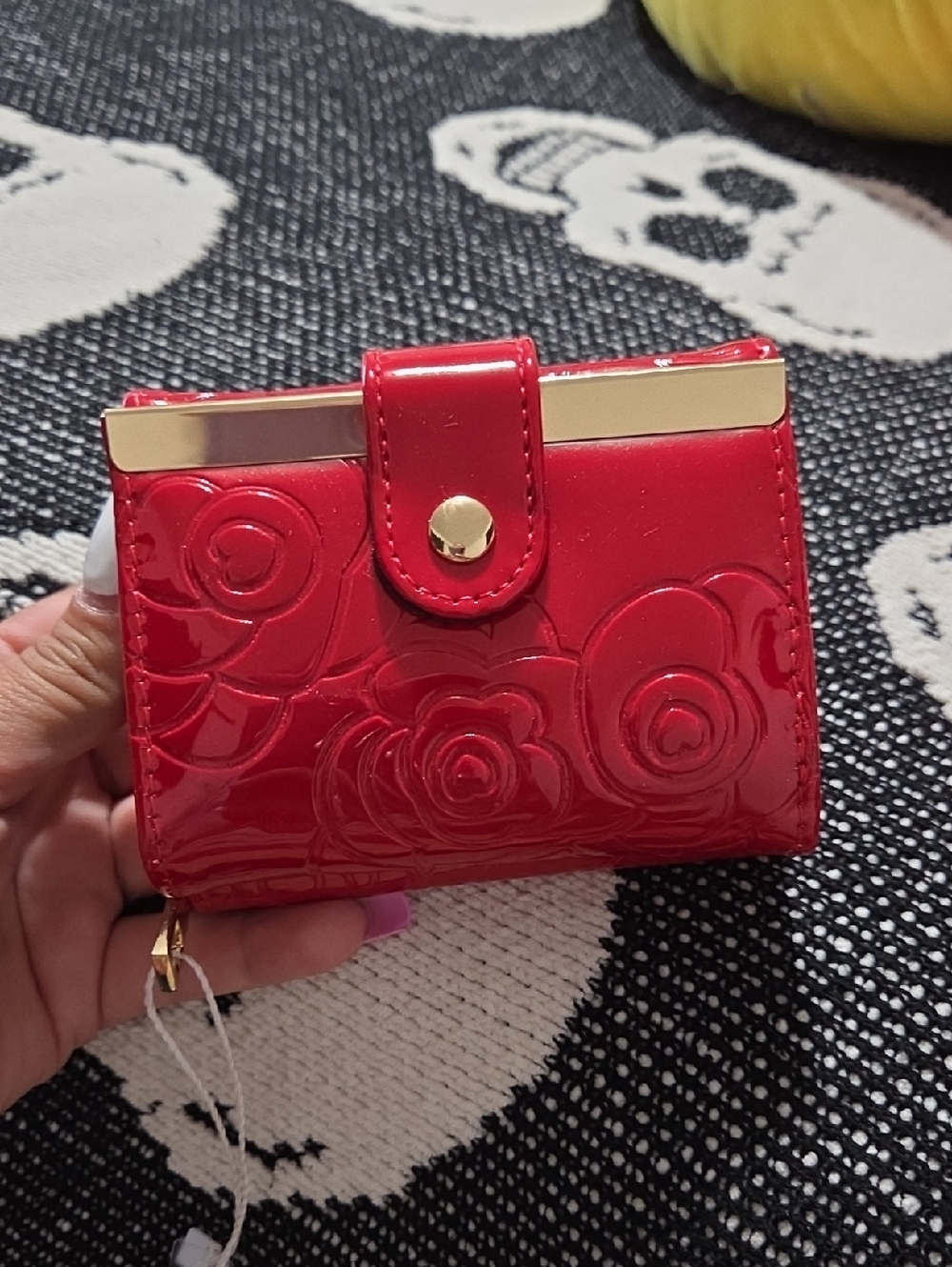 Glossy Red Floral Patent Compact Wallet with Gold Trim